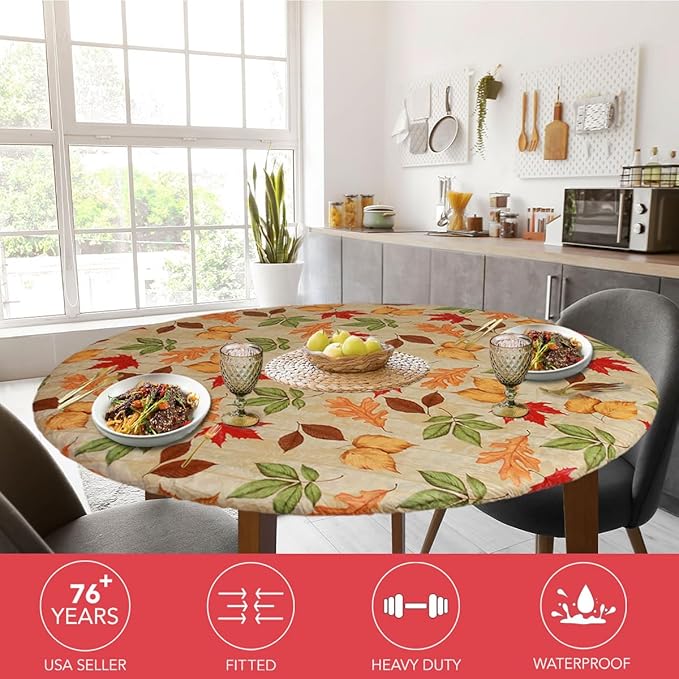 LAMINET Elastic Fitted Table Cover - All-Over Leaves - Small Round - Fits Tables up to 44 Diameter