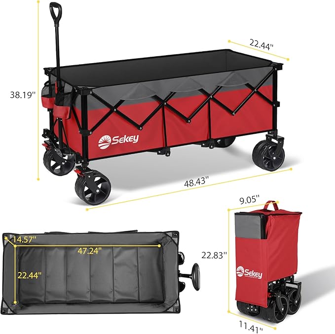 Sekey 48''L Collapsible Foldable Extended Wagon with 440lbs Weight Capacity, Heavy Duty 300L Folding Utility Garden Cart with Big All-Terrain Beach Wheels & Drink Holders. Red&Grey