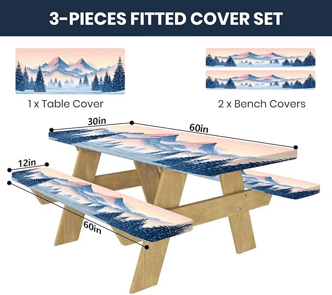 CAPSCEOLL Elastic Picnic Table Cover with Bench Covers 5Ft Waterproof Fitted Picnic Table Cover Cloths for Outdoors Camping Tablecloth with Drawstring Bag, 60X30in, Snow Mountain