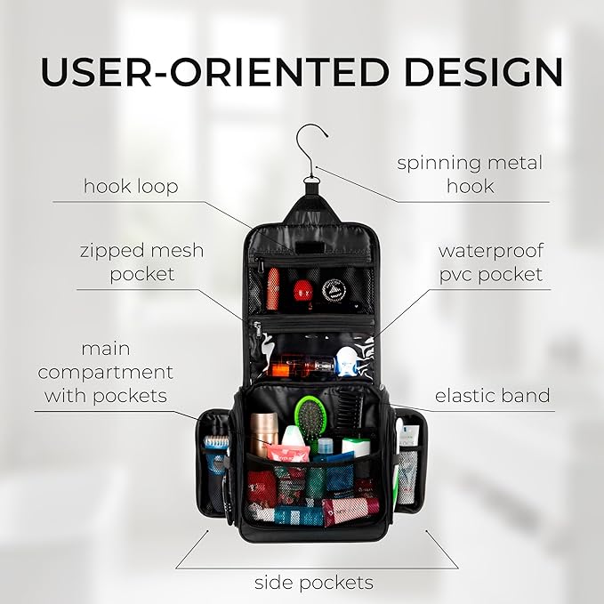 AvaJex Large Hanging Toiletry Organizer - Waterproof Hygiene Bag with Metal XXL Swivel Hook, Sturdy Zippers and 15 Compartments for Toiletries, Makeup, Cosmetics