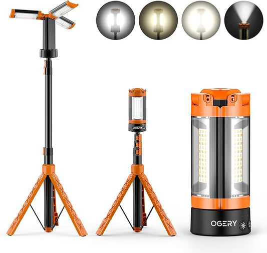 OGERY Rechargeable 10000mAh Camping Light with Stand 6.5 ft Max Height, Cordless Work Light with 3 LED Lamp Heads, 2200 Lumens Camping Essentials Gear Emergency Flashlight with Detachable Tripod
