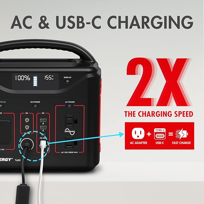 Tenergy T600 Portable Power Station, 600Wh Battery, 3x 500W (Peak 1000W) AC Outlets, USB type C PD 100W, Solar Ready Mobile Power for Outdoors Camping Vans, RV, Emergency Backup