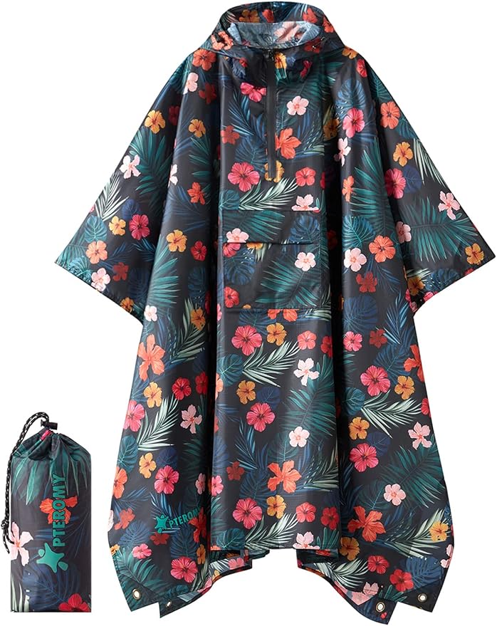 PTEROMY Hooded Rain Poncho for Adult with Pocket, Waterproof Lightweight Unisex Raincoat for Hiking Camping Emergency