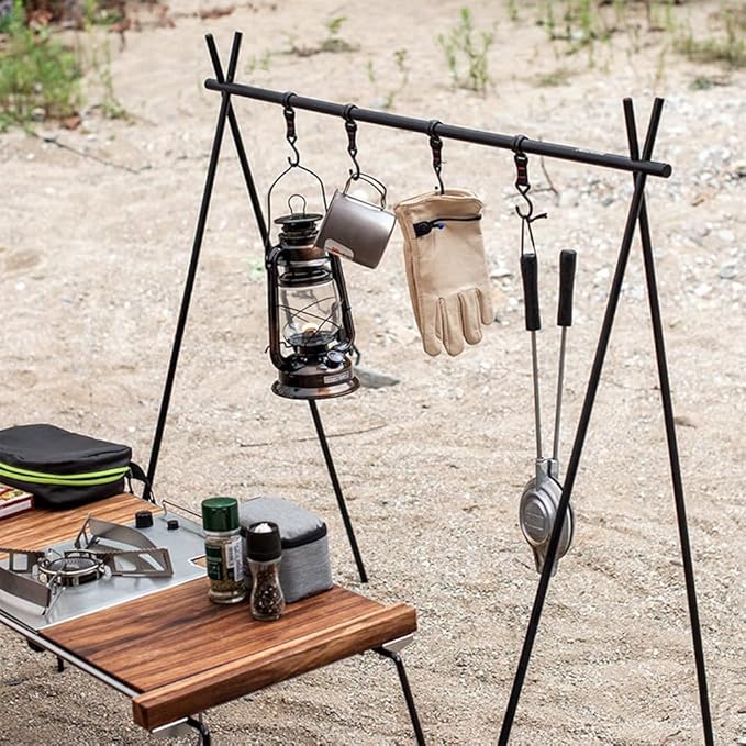 Foldable Tripod Camping Hanging Rack - 4 Hooks Outdoor Cookware Storage Portable, Outdoor Camping Folding Rack (Large)