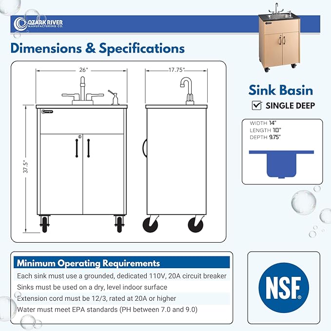 Ozark River Portable Sinks Premier 1D, Deep Stainless Sink Basin-Laminate Countertop-Maple Laminate, Self Contained Sink, Portable Sink with Hot Water, Portable Sink Hand Wash Station