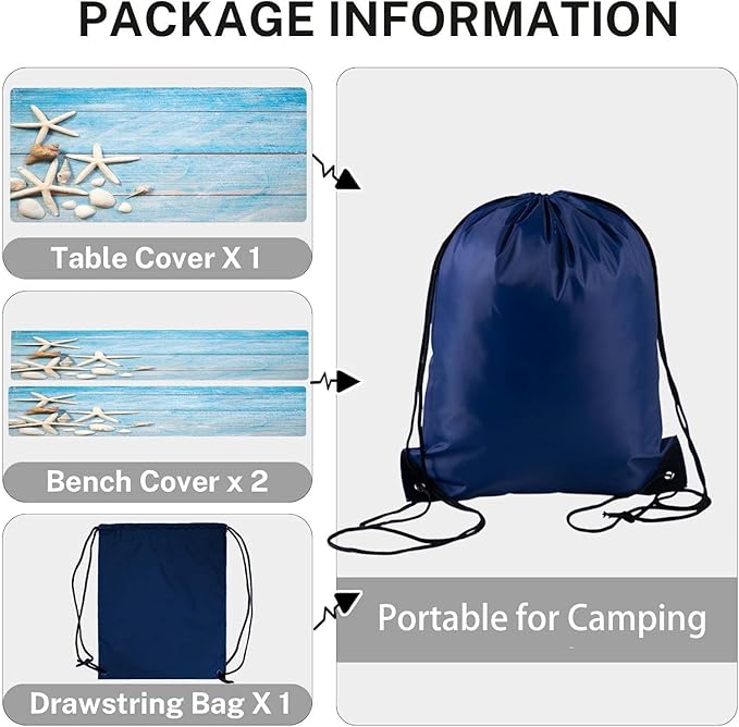 CAPSCEOLL Picnic Table Cover with Bench Covers Waterproof Camping Tablecloth Sea Shells Outdoor Table Protector with Drawstring Bag for Camping Essentials, 72X30in, Summer Blue Wood