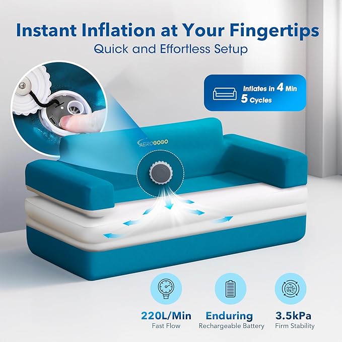 Inflatable Sofa Blow Up Sofa with Built-in Pump, Multifunctional Portable Air Couch for Camping, Inflatable Couch for Camping with Backrest Suitable for Home Outdoor and Guests (Blue)