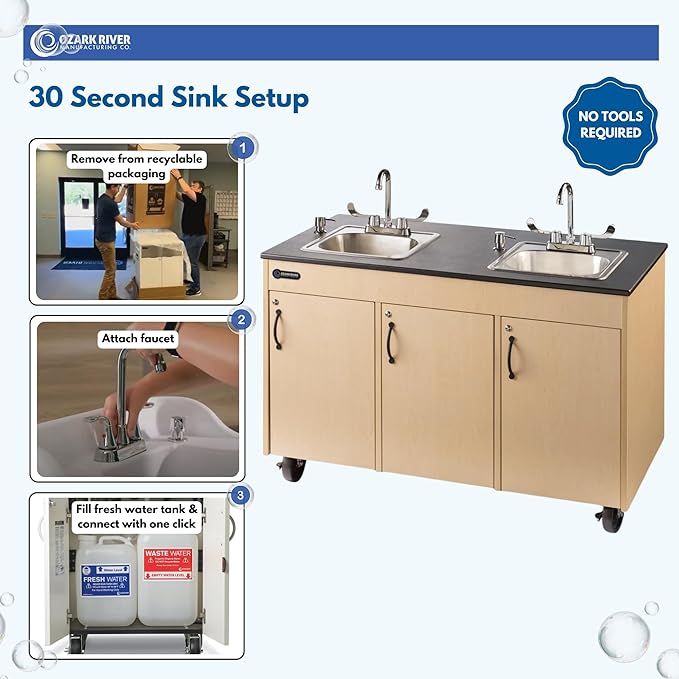 Ozark River Portable Sinks Lil Delux, Child Height Double Basin Portable Hand Washing Station for Daycares & Classrooms, Self-Contained Portable Sink with Hot Water for Kids