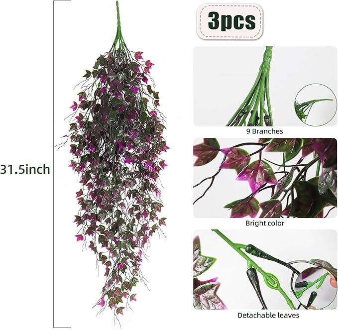 RECUTMS Artificial Hanging Plants Fake Ivy Plant Faux Plants Hanging UV Resistant Artificial Plants for Outdoor Garden Porch Decor Indoor Table Wall Room Office Decoration(Fuchsia)