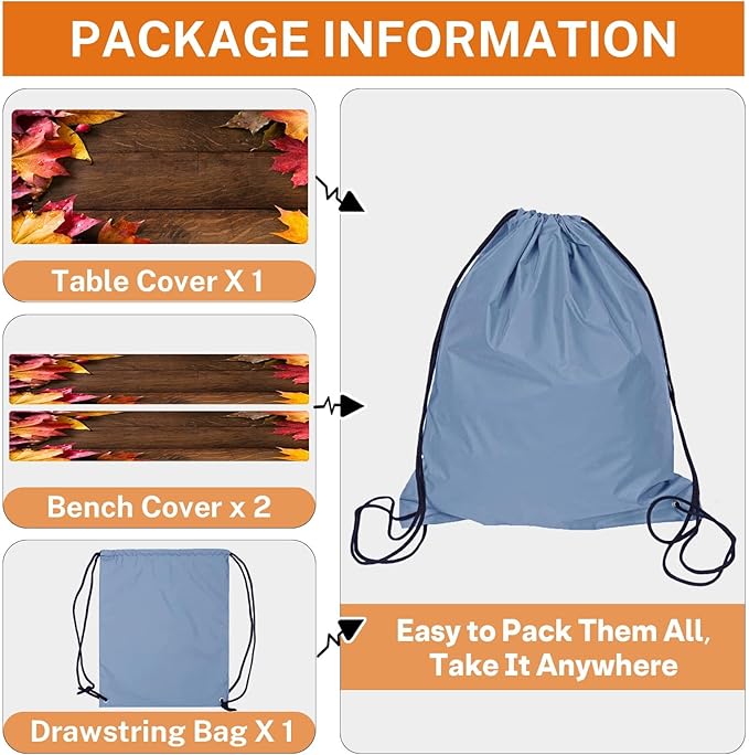 Picnic Table Cover with Bench Covers Elastic Edges, Maple Fall Fitted Table Cover, Outdoor Patio Camping Essentials 72 Inch 3PCS, Waterproof Camping Fitted Tablecloth with Drawstring Bag