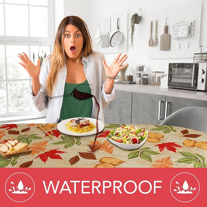 LAMINET Elastic Fitted Table Cover - All-Over Leaves - Oblong/Oval - Fits Tables up to 48 x 68”