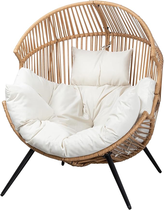 JAMFLY Egg Chair Wicker Outdoor Chairs, Oversized Patio Chair Oversized Lounger Chair with Cushion for Indoor Living Room, Bedroom, Outside Patio Backyard Balcony, Beige