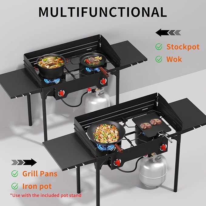 SKOK 2 Burners Portable Propane Stove with Side Shelves & Wind Panel,Portable Camping Stove with 150,000 High Efficiency Propane Burner,Outdoor Stove for Camping, Backyard, Picnic
