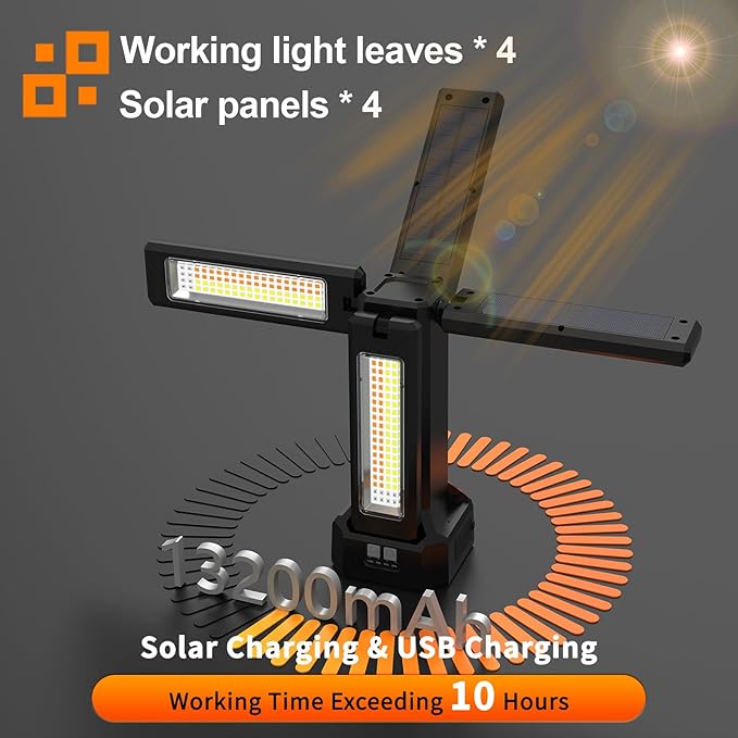 13200mAh Rechargeable Solar Work Light with Folding Stand and Carrying Bag, AODOO 8000 Lumen Stepless Dimmable, White/Warm/Nature White/RED(SOS) with Detachable Tripod (Black) (Black(no Tripod))