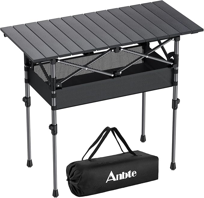 Folding Camping Table, Aluminum Roll Up Camping Table Adjustable Height with Storage Net and Bag, Lightweight Outdoor Table 32.2” X 16”, for Outdoor Travel BBQ Party Picnic, Black