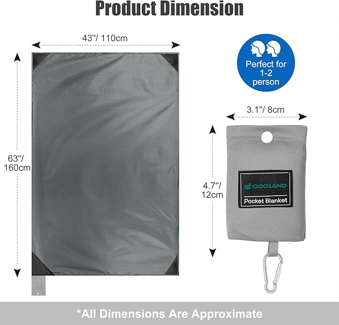 Odoland Beach Blanket Picnic Blanket, 43" x 63" SandProof Waterproof Outdoor Pocket Blanket with Portable Bag, Foldable Lightweight Sand Free Quick Drying Beach Mat for Hiking Camping Travel, Grey