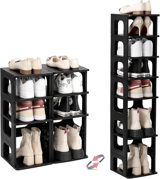 TRZZ 8-Tier Small Shoe Rack, Vertical Narrow Stackable Organizer with Removable Partition, Efficient Shoe Storage for Closet, Entryway, and Small Spaces (Black)