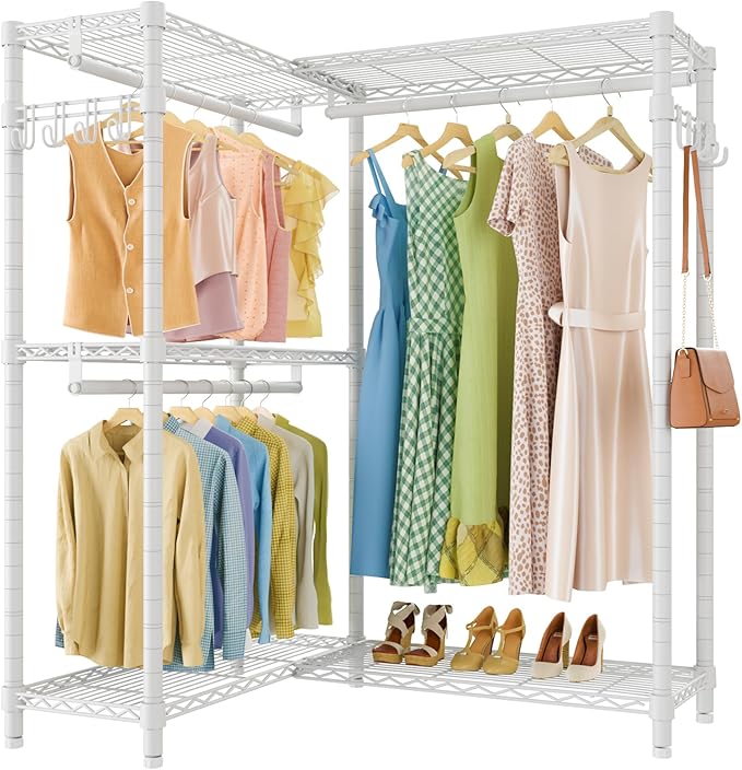 VIPEK L4 Garment Rack L Shaped Clothes Rack for Corner, Freestanding Portable Wardrobe Closet Heavy Duty Clothing Rack with 3 Hanging Rods & 2 Side Hooks, 43.3"Lx29.1"Wx76.4"H, Max Load 810LBS, White