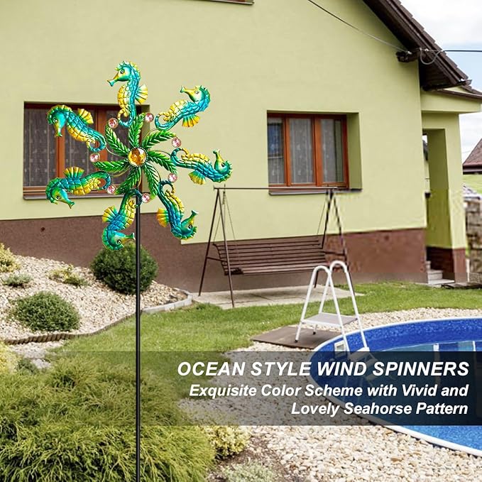 Seahorse Wind Spinners - 39" Ocean-Themed Metal Wind Sculptures Garden Stake Art, 13.5” Windmill Yard Kinetic, Outdoor Decor for Patio & Lawn - Metal Beach Sculpture with Seahorse Design