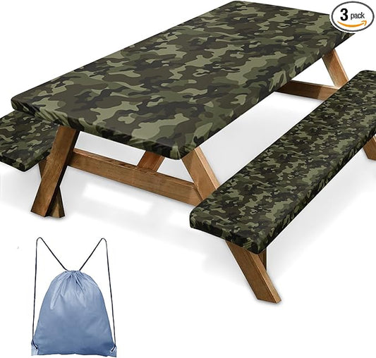 Picnic Table Cover with Bench Covers Elastic Edges, Camouflage Camper Fitted Table Cover, Outdoor Camping Essentials 72 Inch 3PCS, Waterproof Camping Fitted Tablecloth with Drawstring Bag