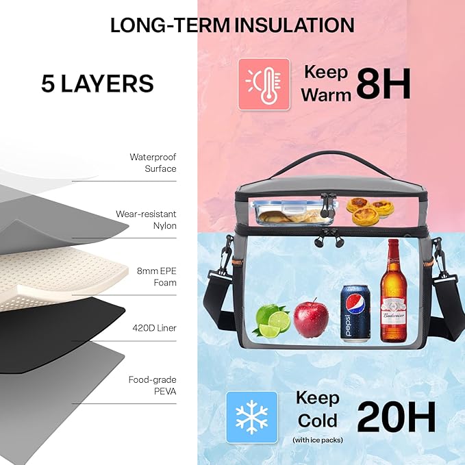 EVERFUN Small Cooler Lunch Box Mini Leak-Proof Soft Double Deck 24 Can Personal Insulated Collapsible Portable Waterproof Lunch Bag Ice Chest for Men Women Work Travel Car Picnic Beach