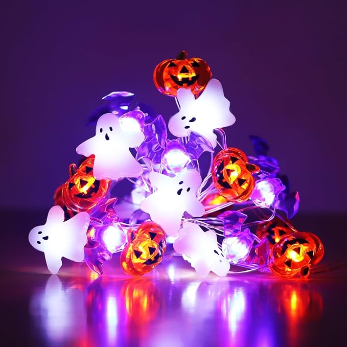 Halloween Lights White Ghost Purple Bat Orange Pumpkin, 30 LED Copper String Lights with Remote Control Battery Operated Fairy Lights for Cosplay Party, Gothic Halloween Decor (White, Purple, Orange)