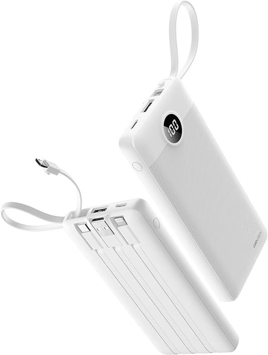 Portable Charger Compatible with iPhone 17, 10000mAh Slim Power Bank with Built-in Cables, External Battery Pack 5 Outputs 2 Inputs LED Display Compatible with iPhone/Android & More (White)