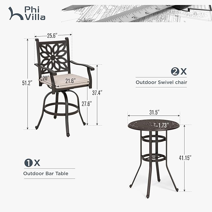 PHI VILLA Patio Furniture Set, Brown 3Pcs Cast Aluminum High Top Table and Swivel Bar Stools with Cushion, Pub Bistro Set for Outdoor