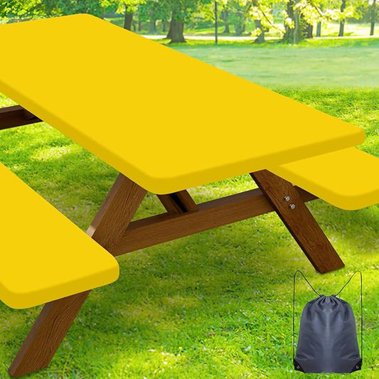 Smiry Picnic Table Cover with Bench Covers, Waterproof Elastic Fitted Polyester Tablecloths for 6 Ft Rectangle Tables, Washable Windproof Tablecloth for Camping, RV & Outdoor (Yellow, 30x72 Inches)
