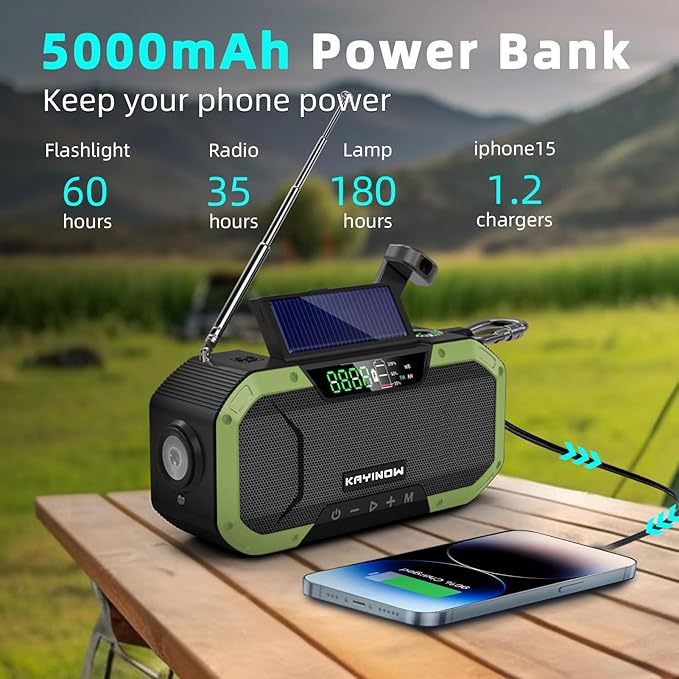 Hand Crank Emergency Radio,Portable AM FM NOAA Weather Radio,Solar Power,Battery Operated,USB Charging Flashlight,Cell Phone Charger,Waterproof,SOS for Camping,Power Outage,Survival Storm
