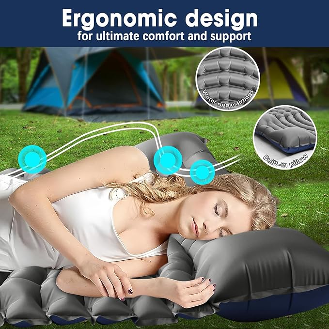Sleeping Pad for Camping - Ultralight Camping Mattress with Pillow, Built-in Foot Pump, Compact Inflatable Portable Mat for Backpacking, Hiking, Car Traveling, Beach, Tent