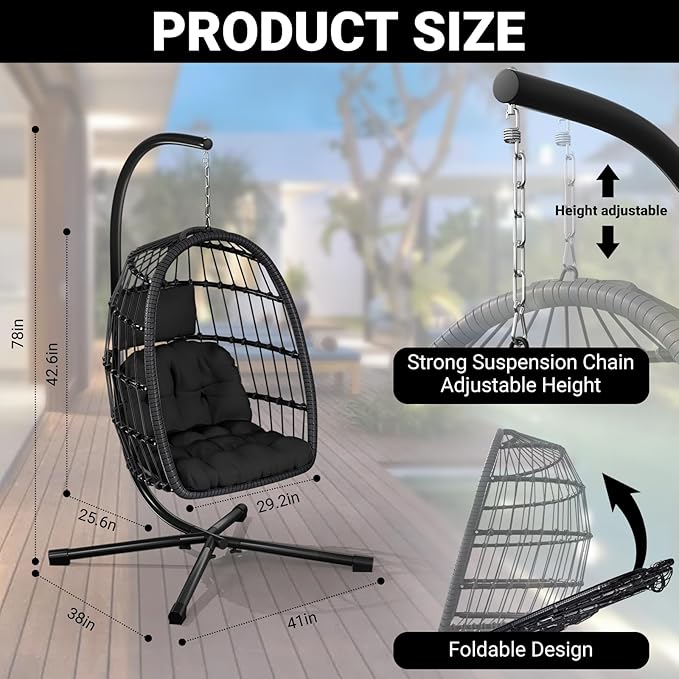 Egg Chair with Stand,Patio Rattan Wicker Hanging Swing Egg Chair Hammock Chair for Bedroom Porch Garden,Thickened Aluminum Alloy Steel Frame and UV Resistant Cushion,350LBS Capacity