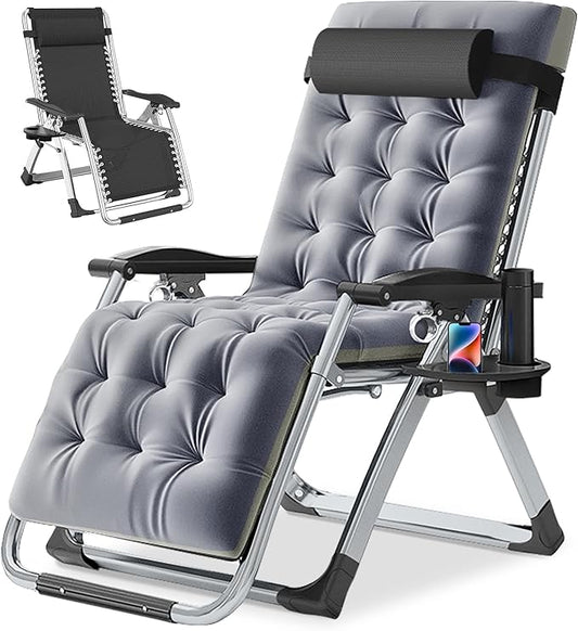 NAIZEA Padded Zero Gravity Chair, Folding Outdoor Lounge Chairs, Adjustable Reclining Camping Chairs with Cup Holder, Ergonomic Patio Lawn Chair for Balcony Beach Deck Yard