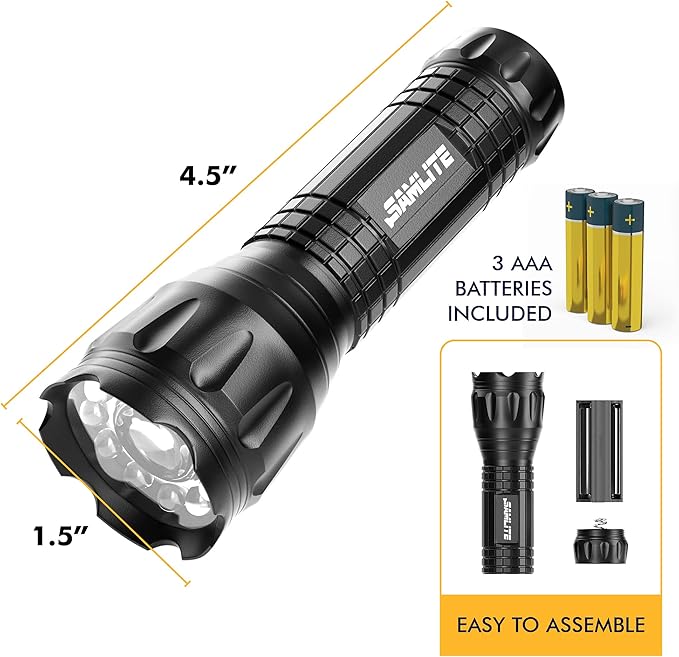 SAMLITE- LED Tactical Flashlight with 5 Options, Bright LED Light, Laser Pointer, UV Blacklight, Green Light and Magnetic Bottom - Water Resistant - (3 AAA Batteries Included)
