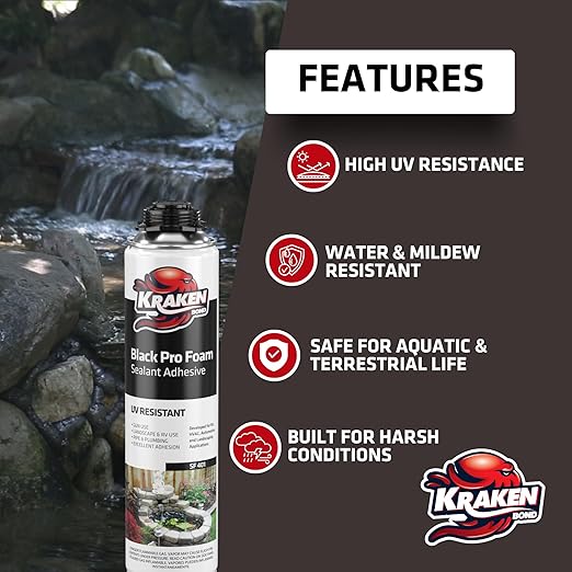 Kraken Bond Black Spray Waterfall Foam Sealant - (1x24oz) Expanding Polyurethane Pond Foam Sealer Black, UV Resistant Insulating Spray for Landscape & Exterior, Gun Use, Gun Not Included, 1 Pack