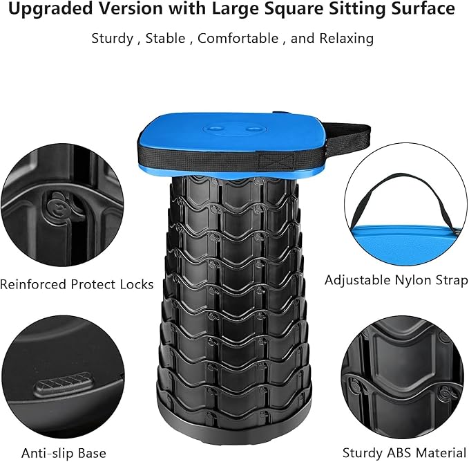 Portable Collapsible Stool Set - Heavy Duty Square Foldable Stool + Thick Seat Cushion - 550lbs Load Capacity for Camping Travel Picnic Gardening (Blue/Black)