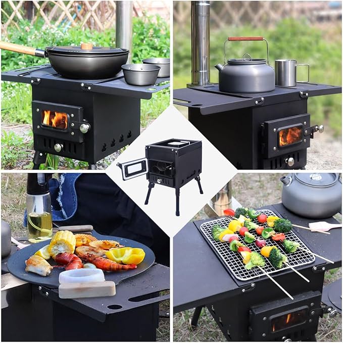 Outdoor Camping Stove Portable Hot Tent Stove Fire Stove Outdoor Cooking Camping BBQ Accessories(Black Small)