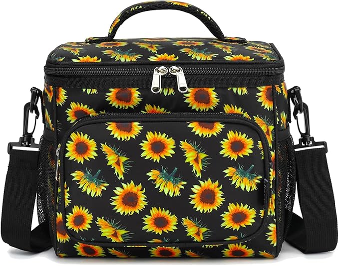 FlowFly Insulated Reusable Lunch Bag Adult Large Lunch Box for Women and Men with Adjustable Shoulder Strap,Front Zipper Pocket and Dual Large Mesh Side Pockets,Sunflower