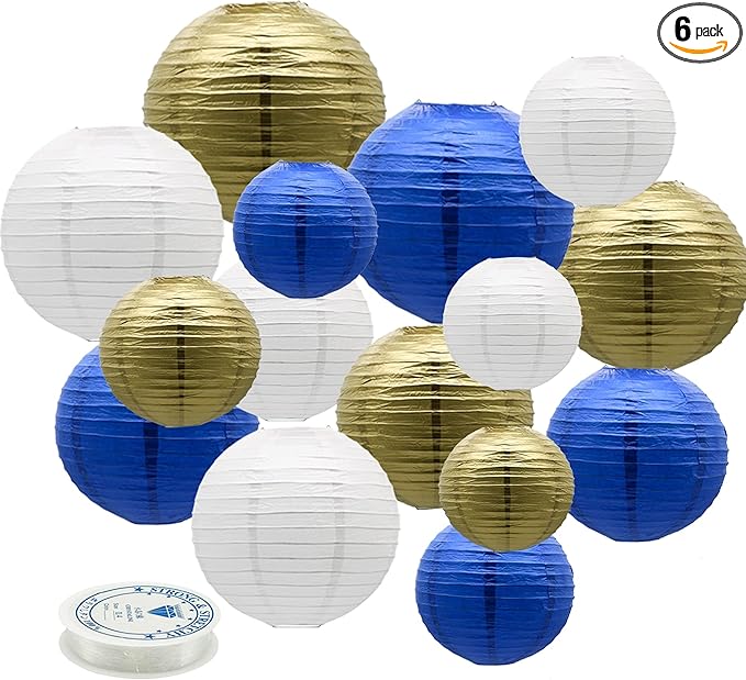 Paper Lanterns Party Decorations Navy Blue Gold - Hanging Paper Lanterns Indoor Outdoor - Wedding Graduation Retirement Bachelorette Birthday Baby Shower Party Supplies, 15pcs