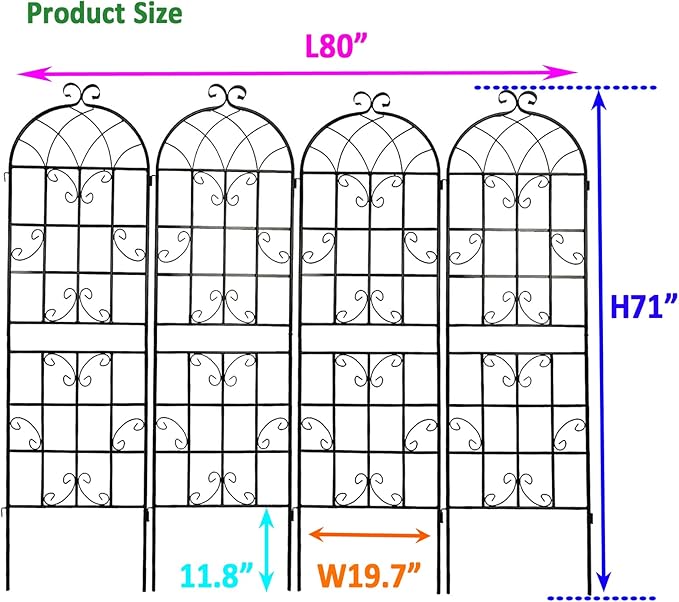 Metal Garden Trellis Rustproof Trellis for Climbing Plants Outdoor Flower Support (Black-4 Pack, 71"x19.7")