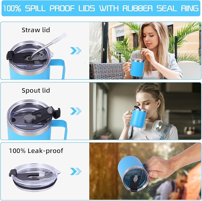 Volhoply 12oz Insulated Leakproof Coffee Mug with Flip & Straw Lid Bulk 4 Pack,Double Wall Vacuum Stainless Steel Travel Tumbler Cup with Handle,Camping Mugs Keep Cold/Hot(Blue,4 Set)