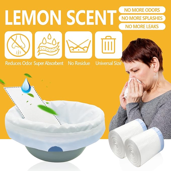 Senvok Commode Liners with Highly Absorbent Pads - 60 Pack | Lemon Scented | Leak-Proof Medical Grade Disposable Liners for Bedside Commode & Adult Toilet Care