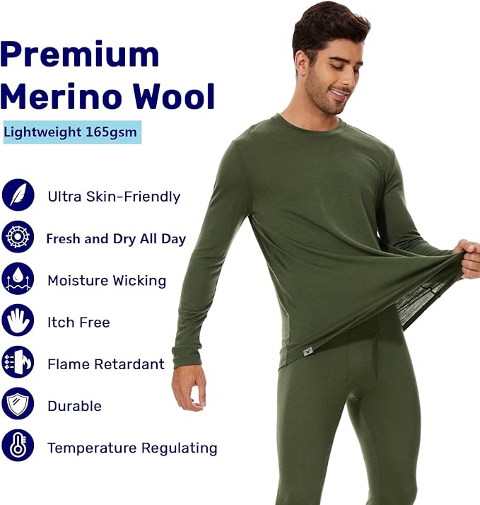 MERINNOVATION Merino Wool Base Layer Set for Men 100% Merino Wool Thermal Underwear Long Sleeve