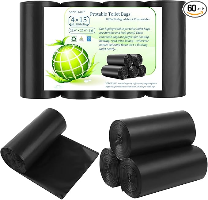 60 portable toilet bags，8 Gallon camping toilet waste bags for 5 gallon bucket,1mil bildegradable porta potty luggable loo bags for adults travel heavy-duty