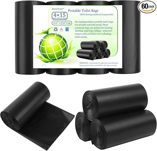 60 portable toilet bags，8 Gallon camping toilet waste bags for 5 gallon bucket,1mil bildegradable porta potty luggable loo bags for adults travel heavy-duty