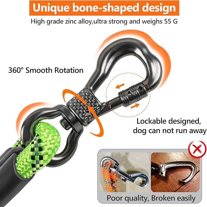 NTR Heavy Duty Dog Leash, 15FT Training Leash with Swivel Lockable Hook, Padded Handle and Highly Reflective Threads, Dog Lead for Walking, Hunting, Camping, Backyard for Small Medium Large Dog Green