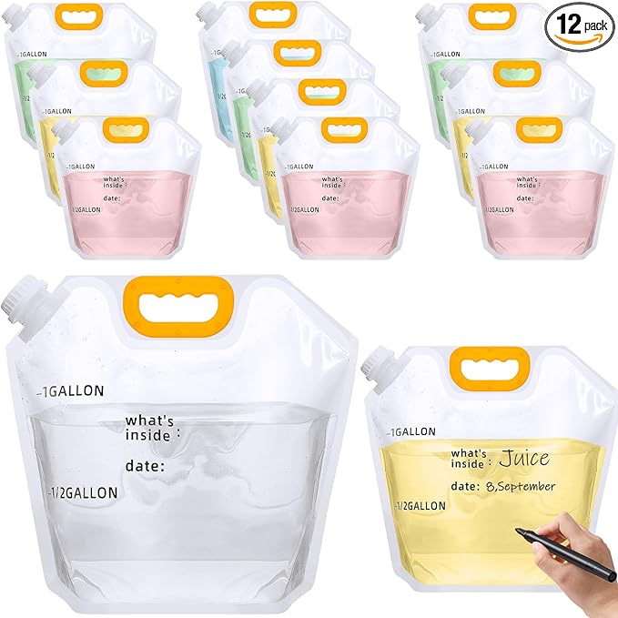 Tessco 12 Pack 1.3 Gallon Collapsible Water Storage Bag Water Container Bag Emergency Jug Foldable Plastic Storage Pouch Freezable Carrier Tank for Outdoor Sport Camping(Clear,Scale Line)