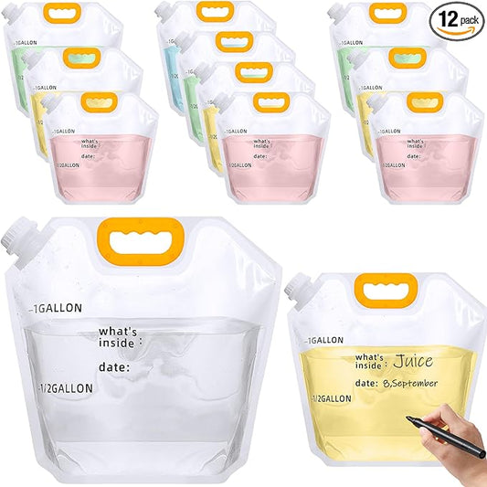 Tessco 12 Pack 1.3 Gallon Collapsible Water Storage Bag Water Container Bag Emergency Jug Foldable Plastic Storage Pouch Freezable Carrier Tank for Outdoor Sport Camping(Clear,Scale Line)