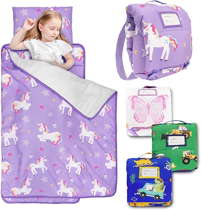 Primlect Toddler Nap Mat with Removable Pillow and Flannel Blanket, Portable Kids Sleeping Bag, Easy to Carry on The Go, Perfect for Daycare, Preschool, Boys and Girls, 12 Months - 6 Years