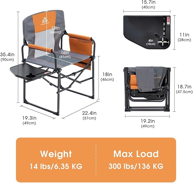 Wide Folding Director Chair with Table, Outdoor Camping Chair for Adults with Cup Holder Load 330 Lbs, Portable Lightweight Chair for Outside with Carry Bag for Patio, Orange-1Pack
